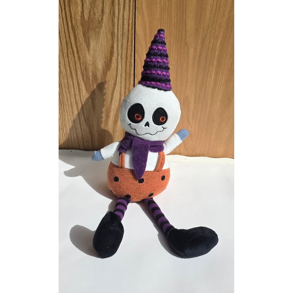 Halloween Skeleton Plush Stuffed Toy Purple Orange Striped Hat 13 Inch Decor